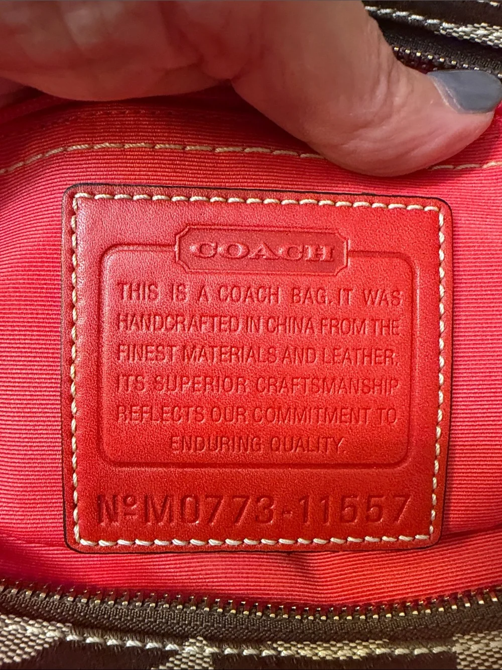 Coach Beige Signature Satchel with Coral Leather Trim and Coral Scarf